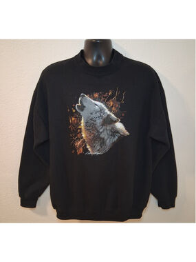 VTG 90s Wolf Adult XL Sweatshirt Black Collin Bogle Nature Artist USA Made